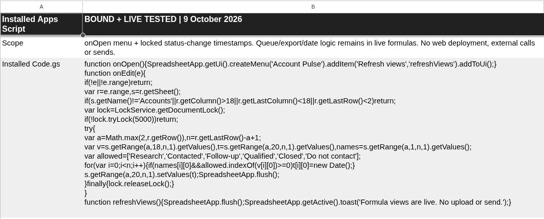 Installed Apps Script: custom menu plus automatic status-change stamping